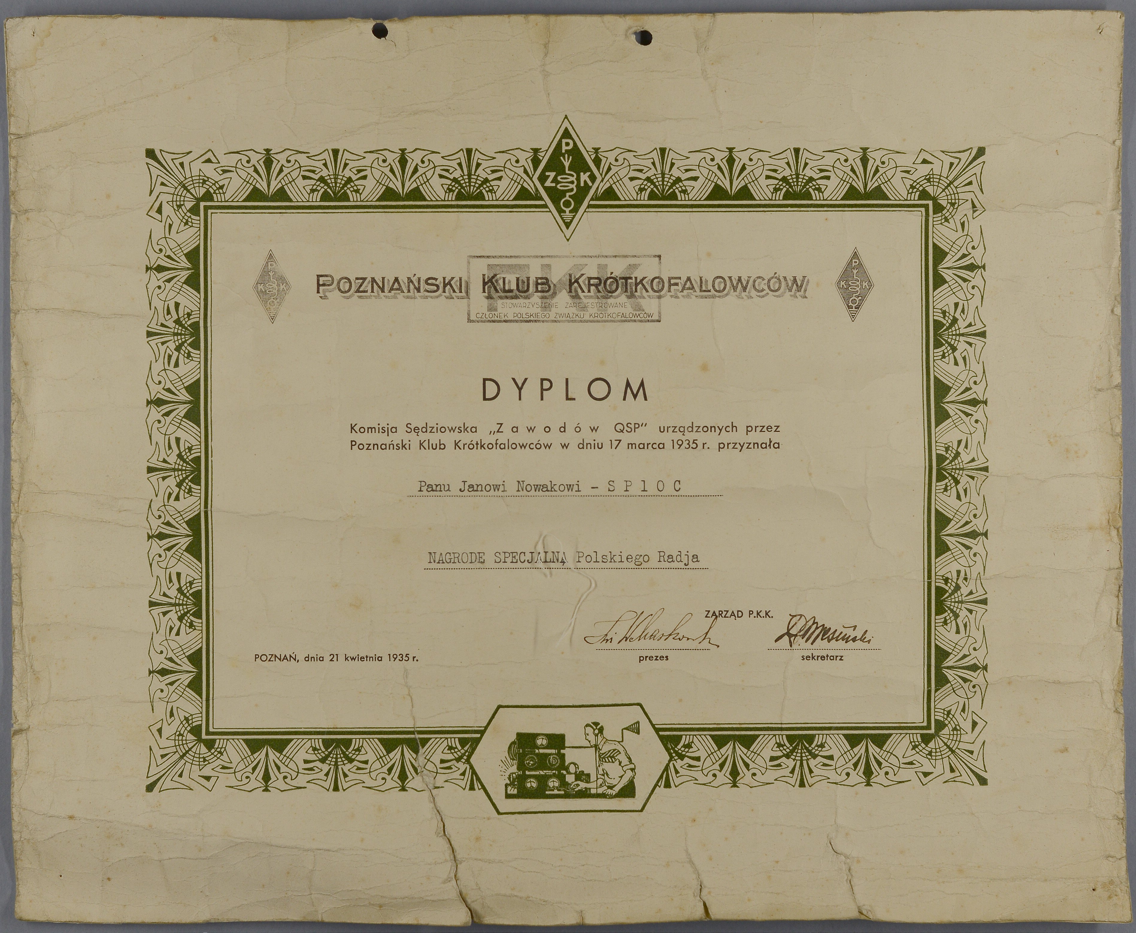 Dyplom za zdobycie nagrody specjalnej Polskiego Radia w zawodach QSP zorganizowanych przez Poznański Klub Krótkofalowców przez Jana Nowaka z 1935 roku