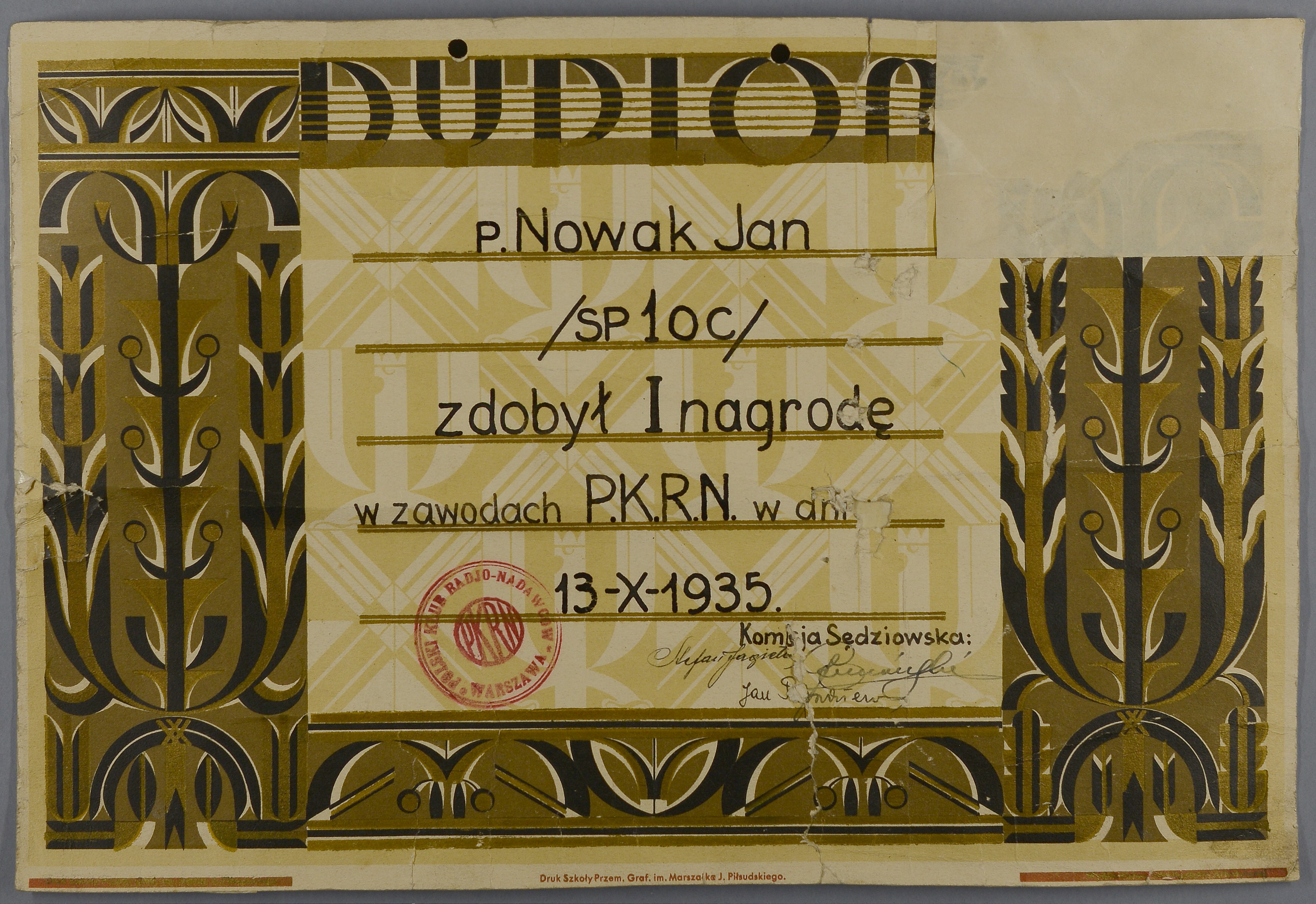 Dyplom za zdobycie I nagrody dla Jana Nowaka w zawodach Polskiego Klubu Radio-Nadawców z 1935 roku