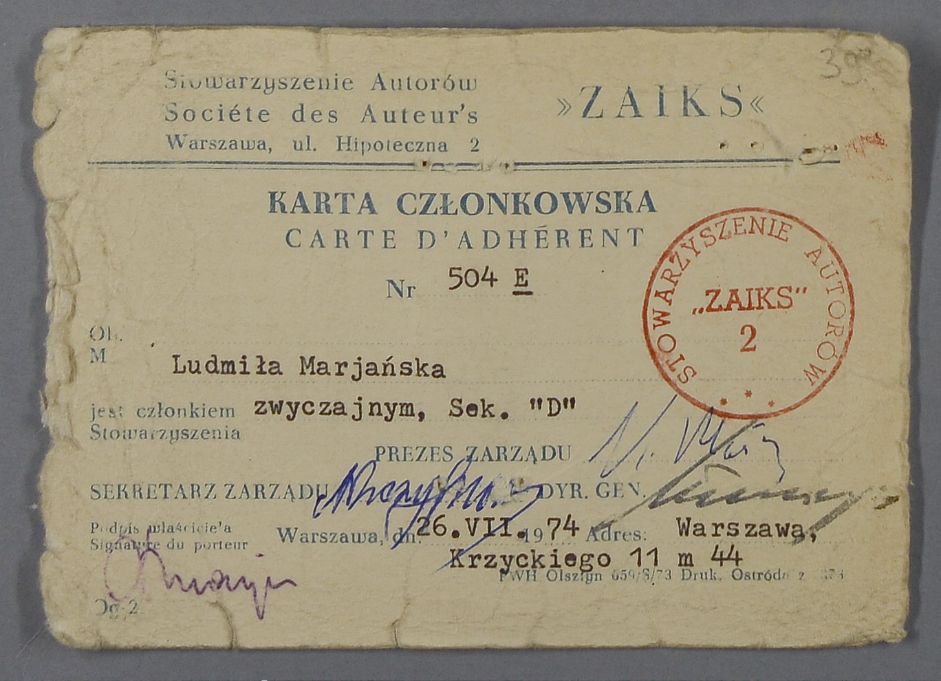 Legitymacja członka stowarzyszenia ZAIKS na nazwisko Ludmiła Marjańska z 1974 roku, strona 2