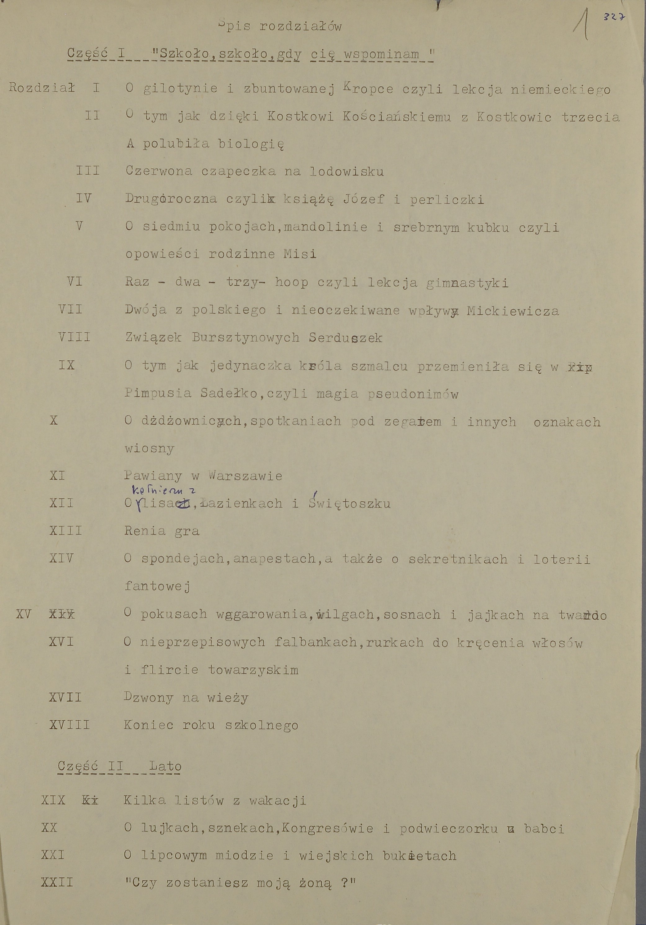 Maszynopis powieści „Pierwsze śniegi, pierwsze wiosny” (pierwsza strona)