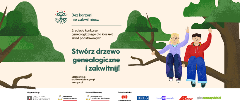 Baner reklamujący konkurs. Dwójka dzieci siedząca na gałęzi drzewa.