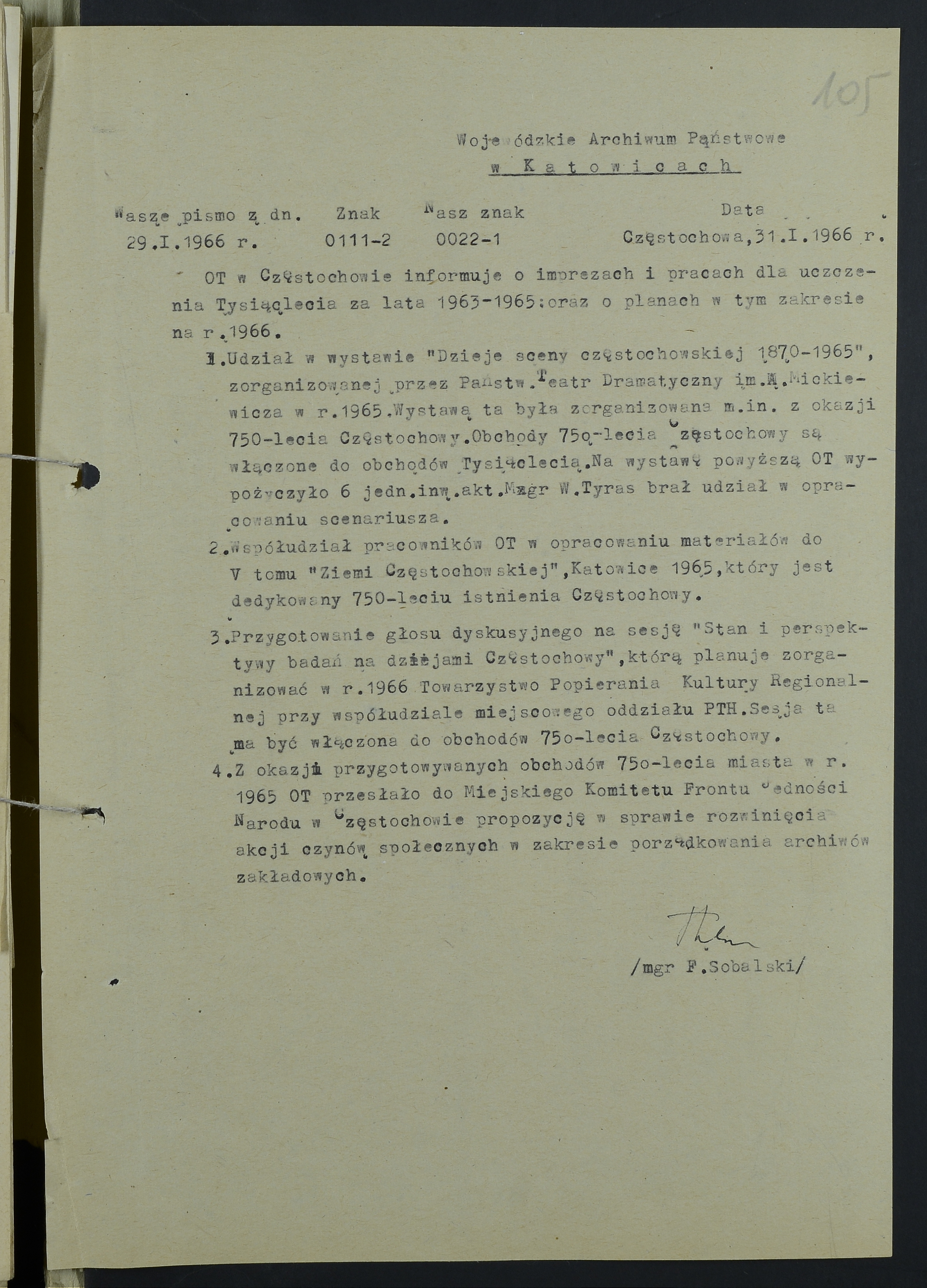 Pismo z dnia 31 stycznia 1966 roku Wojewódzkiego Archiwum Państwowego w Katowicach Oddział Terenowy w Częstochowie w sprawie uczestnictwa w obchodach Tysiąclecia