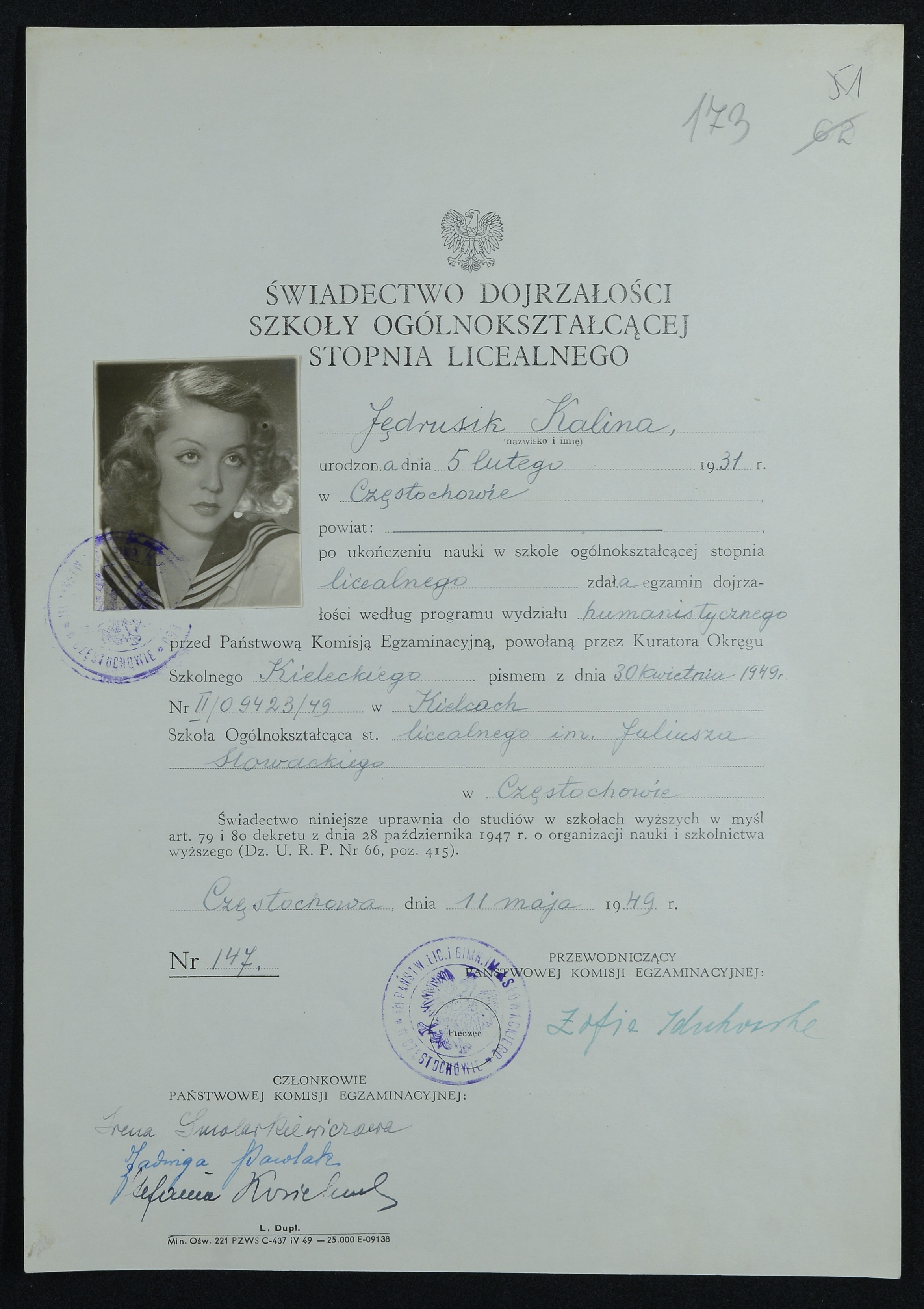 Świadectwo Dojrzałości Szkoły Ogólnokształcącej Stopnia Licealnego, wystawione na nazwisko Kalina Jędrusik