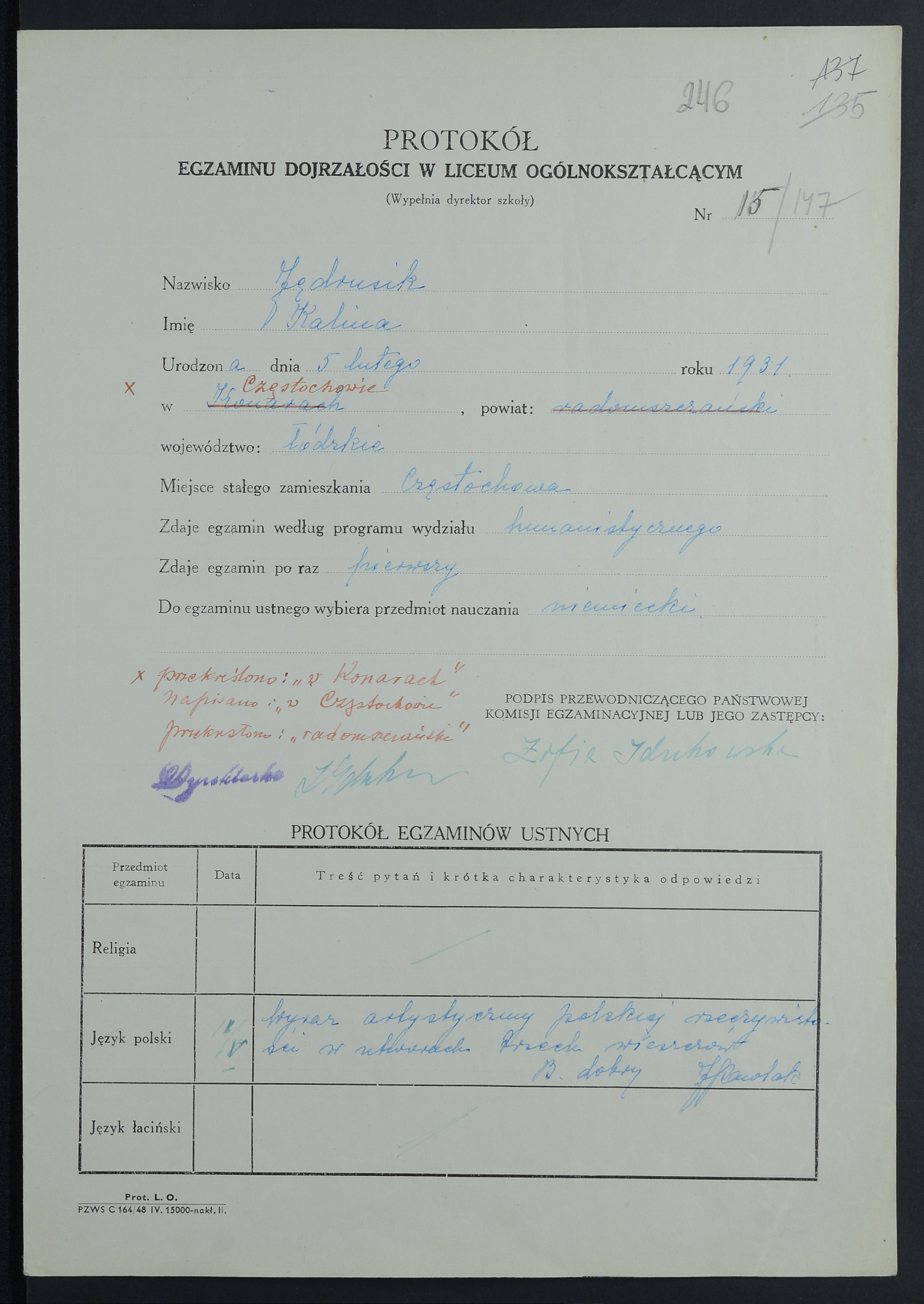 Protokół egzaminu dojrzałości w Liceum Ogólnokształcącym na nazwisko Kalina Jędrusik