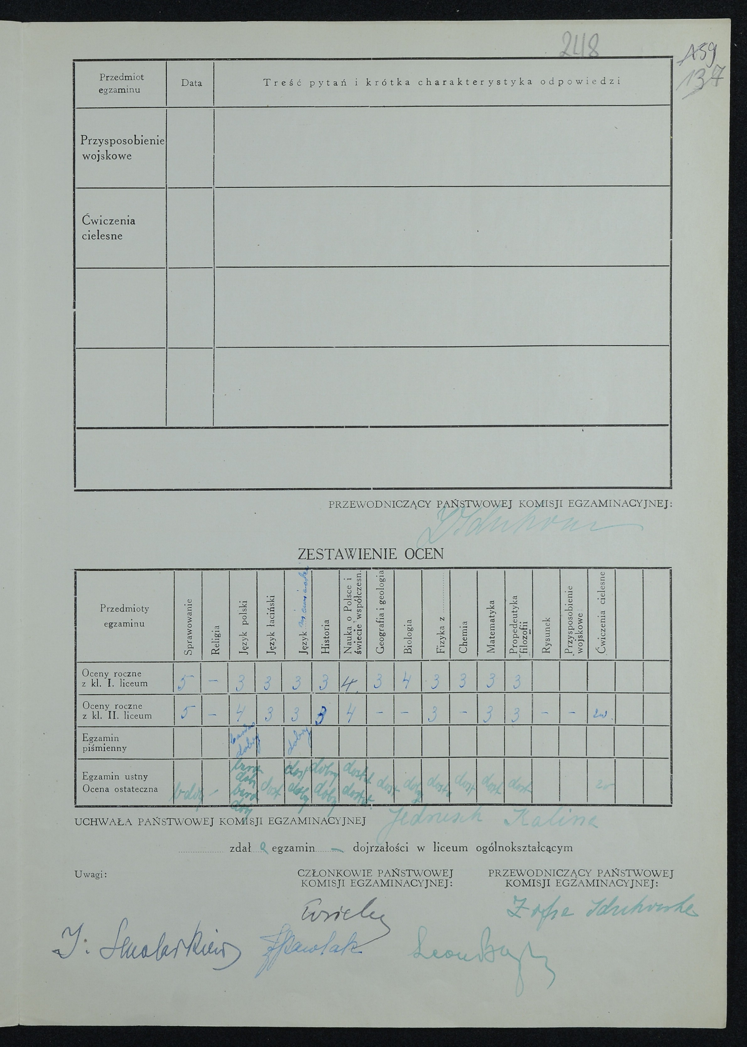 Protokół egzaminu dojrzałości w Liceum Ogólnokształcącym na nazwisko Kalina Jędrusik