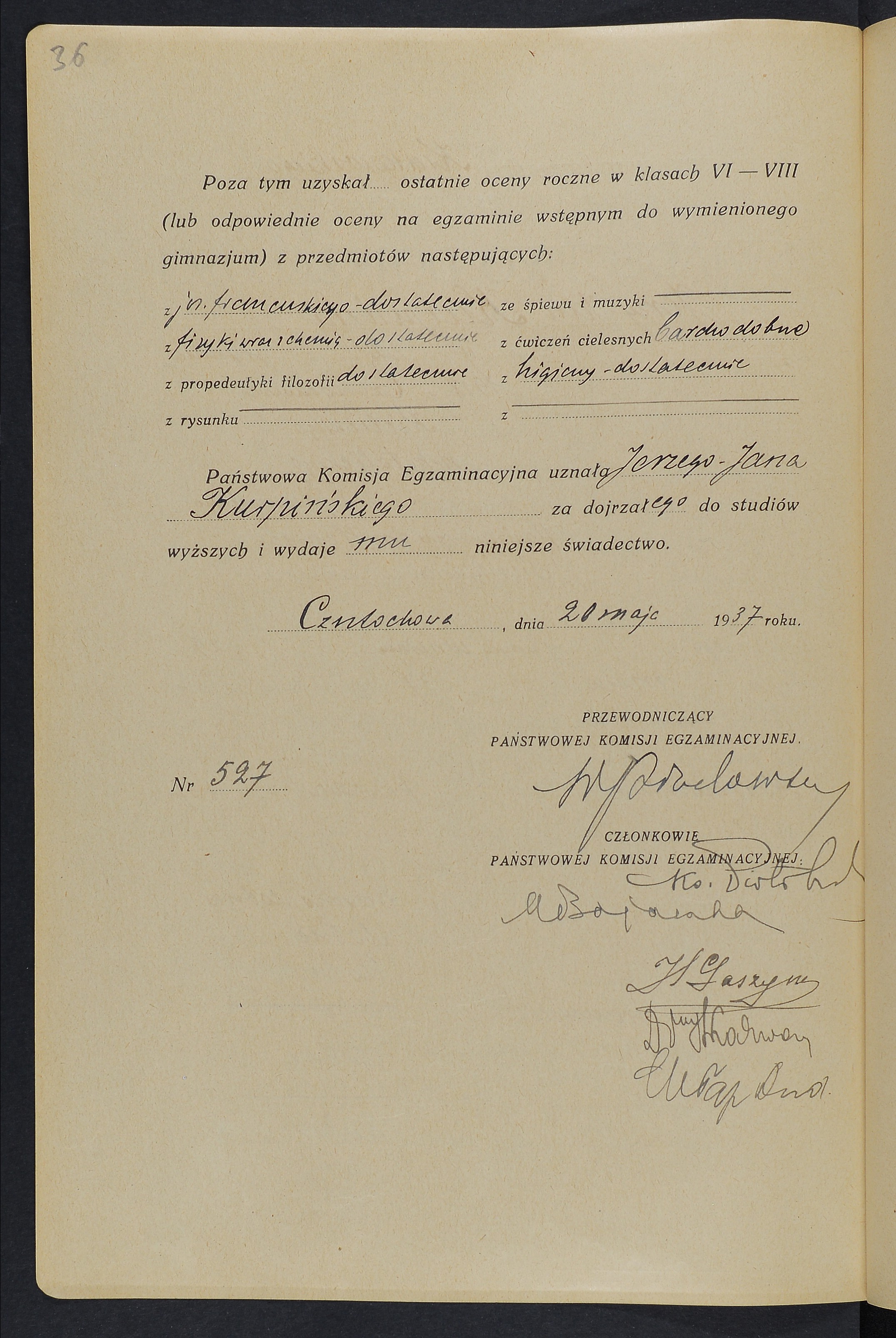 Świadectwo dojrzałości Jerzego Kurpińskiego z 1937 roku